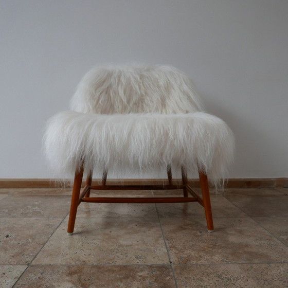 Image 1 of Chaise vintage en peau de mouton "TeVe" par Alf Svensson pour Studio Ljungs Industrier AB Malmö, Suède 1950