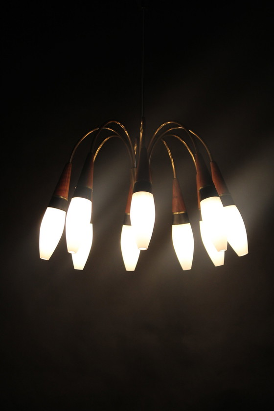 Image 1 of Lustre en laiton et teck en verre opalin Rupert Nikoll, Autriche, années 1960