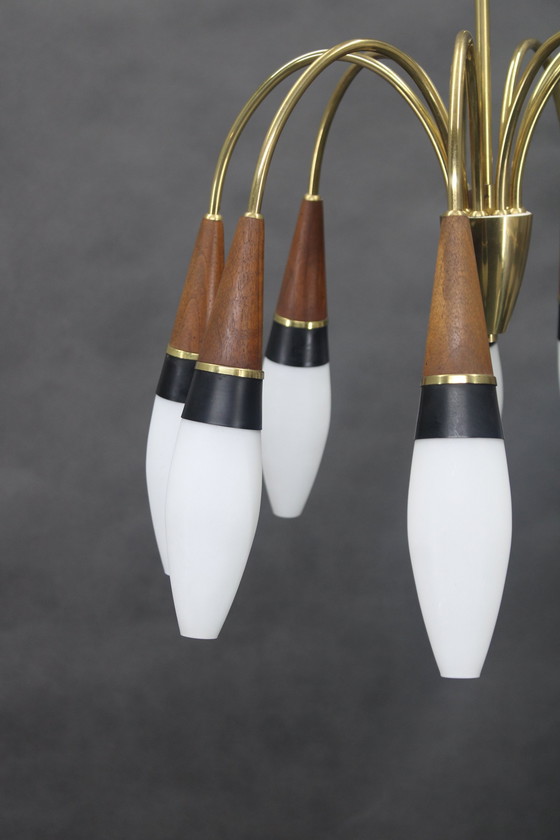 Image 1 of Lustre en laiton et teck en verre opalin Rupert Nikoll, Autriche, années 1960