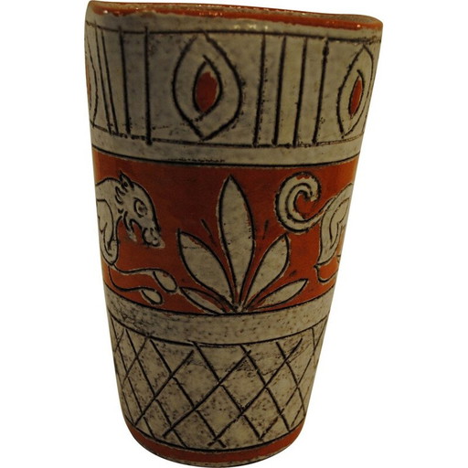 Vase vintage Sgrafitto orange avec lion en céramique, 1950