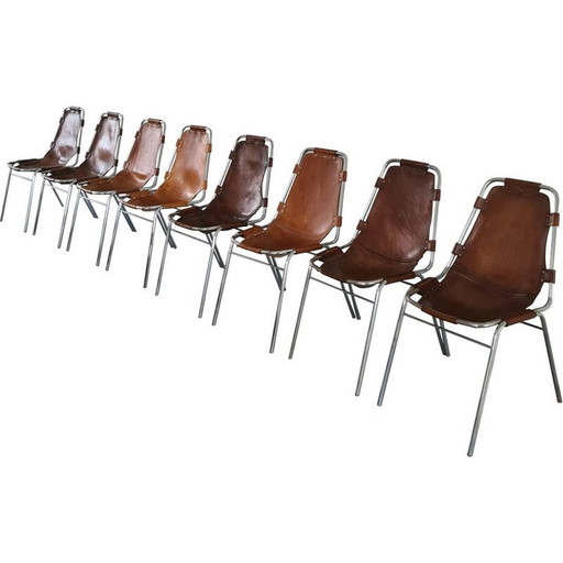 Ensemble de 8 chaises de salle à manger vintage en cuir sélectionnées par Charlotte Perriand pour Les Arcs, France années 1960