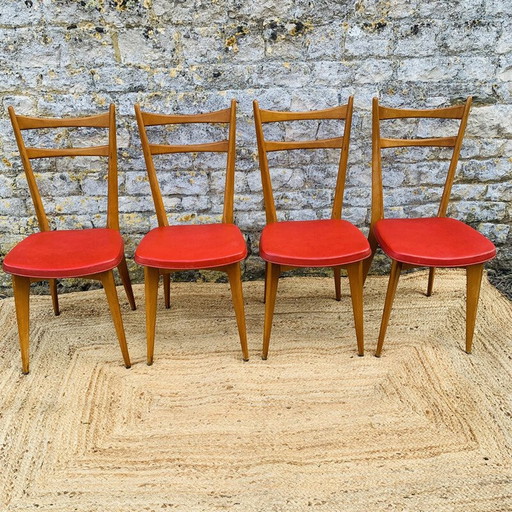 Ensemble de 4 chaises vintage en hêtre et simili cuir rouge, 1960