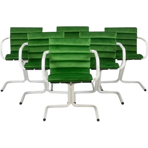 Lot de 6 fauteuils vintage en métal laqué blanc et velours, Danemark 1970
