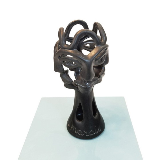 Image 1 of Bougeoir vintage en terre cuite émaillée noire à 4 faces, 1970