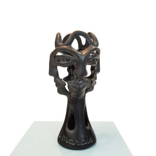 Bougeoir vintage en terre cuite émaillée noire à 4 faces, 1970