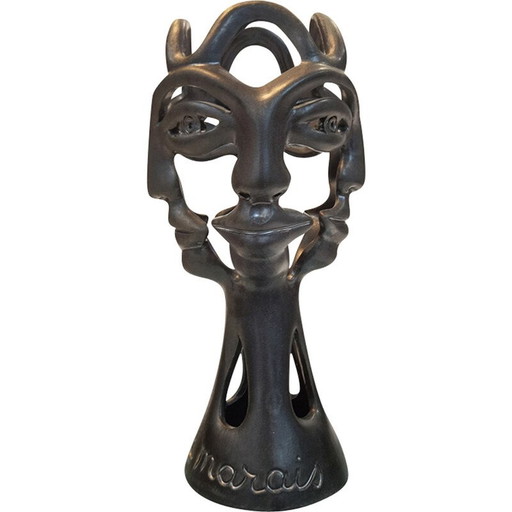 Bougeoir vintage en terre cuite émaillée noire à 4 faces, 1970