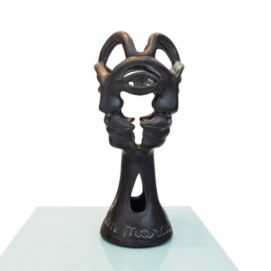 Image 1 of Bougeoir vintage en terre cuite émaillée noire à 4 faces, 1970