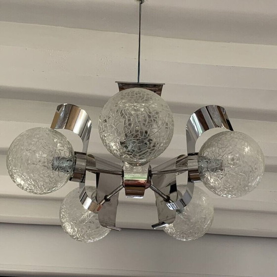 Image 1 of Lampe suspendue vintage à 5 lumières en verre et chrome