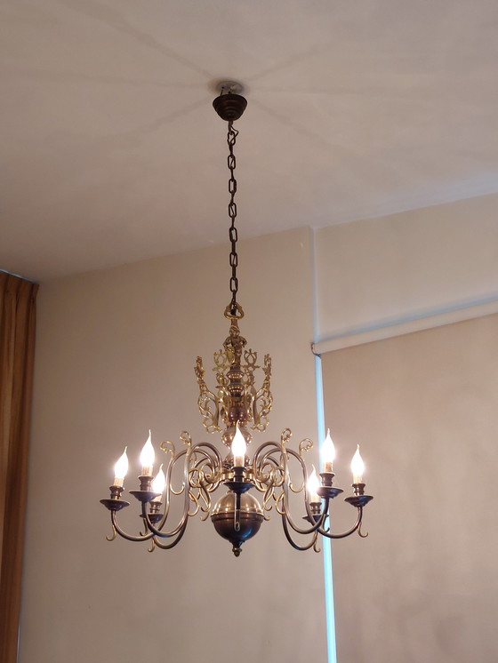 Image 1 of Lustre hollandais en laiton avec 8 bougies vers 1960 Vintage