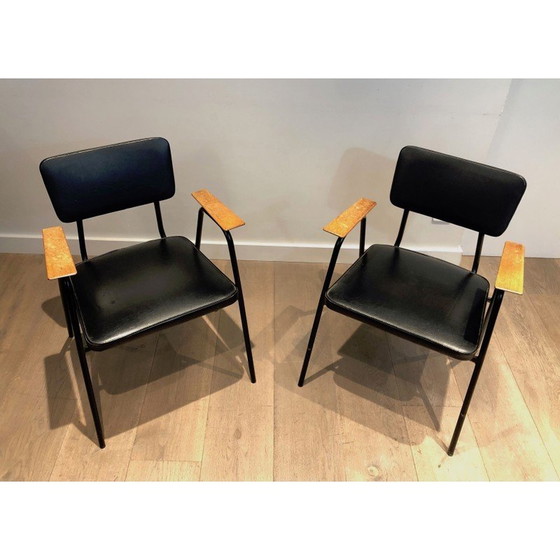 Image 1 of Paire de fauteuils vintage en laque noire et skaï par Willy Van de Meeren, 1950