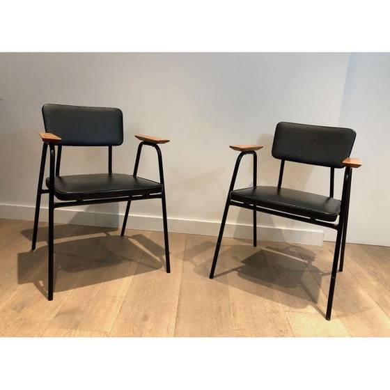 Image 1 of Paire de fauteuils vintage en laque noire et skaï par Willy Van de Meeren, 1950