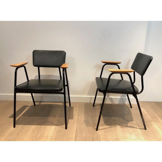 Image 1 of Paire de fauteuils vintage en laque noire et skaï par Willy Van de Meeren, 1950
