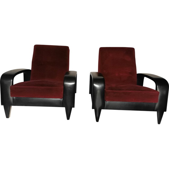Image 1 of Paire de fauteuils club vintage en velours rouge, Italie années 1950