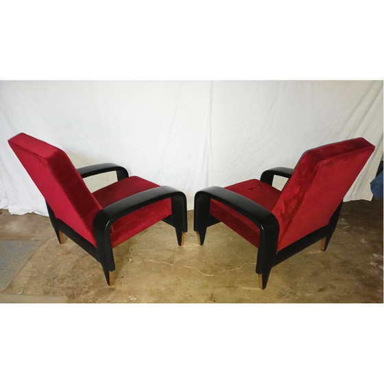Image 1 of Paire de fauteuils club vintage en velours rouge, Italie années 1950