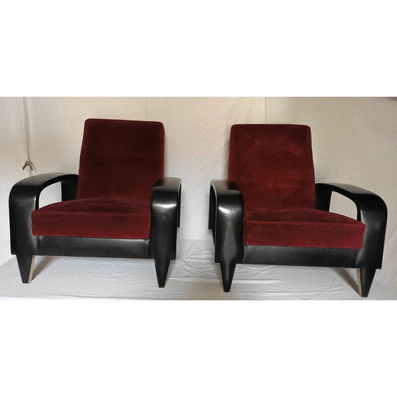 Image 1 of Paire de fauteuils club vintage en velours rouge, Italie années 1950