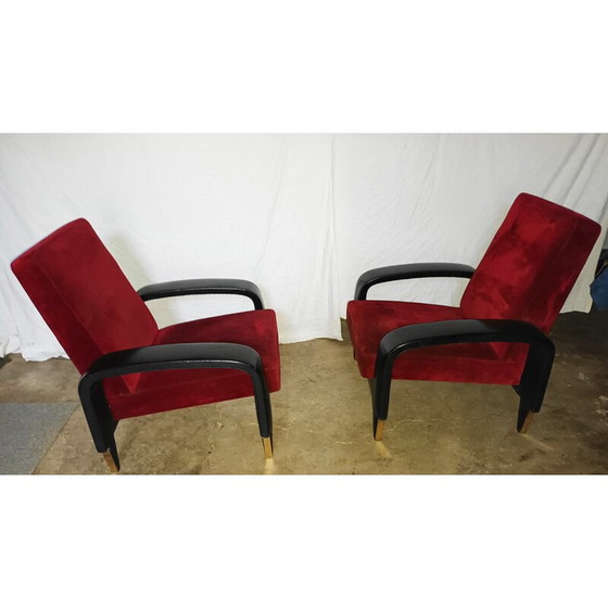 Image 1 of Paire de fauteuils club vintage en velours rouge, Italie années 1950