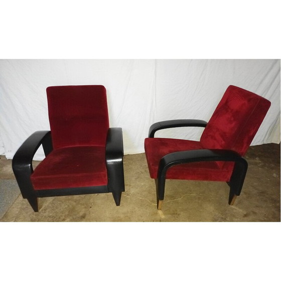 Image 1 of Paire de fauteuils club vintage en velours rouge, Italie années 1950