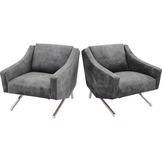 Image 1 of Paire de fauteuils vintage en velours noir et chrome, Italie, années 1970