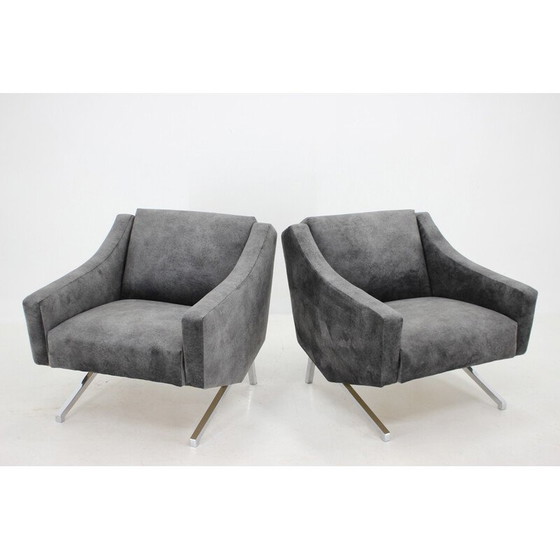 Image 1 of Paire de fauteuils vintage en velours noir et chrome, Italie, années 1970