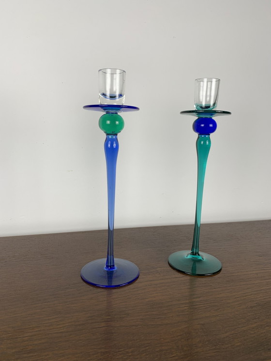 Image 1 of Duo de bougeoirs en verre vintage bleu et vert