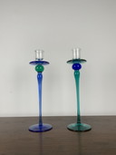Duo de bougeoirs en verre vintage bleu et vert