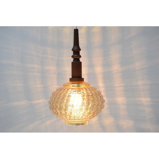 Image 1 of Lampe suspendue vintage en verre et bois, Tchécoslovaquie 1960