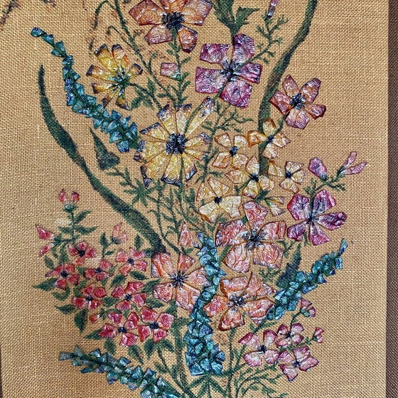 Image 1 of Peinture vintage avec verre diamanté Bouquet par Thérèse Hémery, France 1970