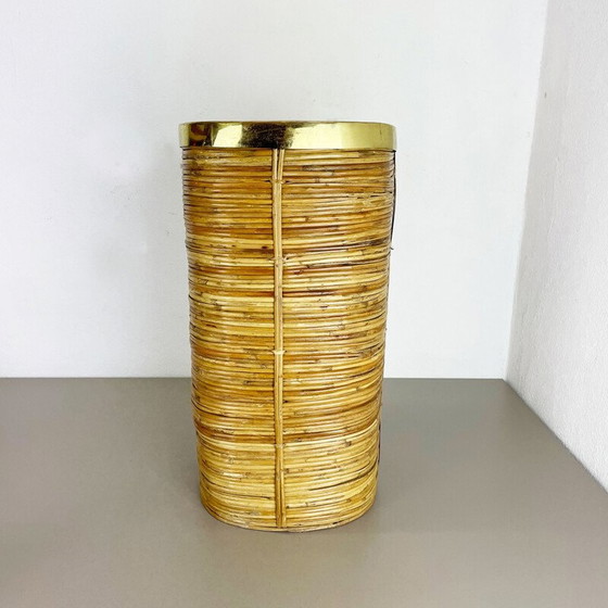 Image 1 of Corbeille à papier vintage en rotin et laiton, France 1960s