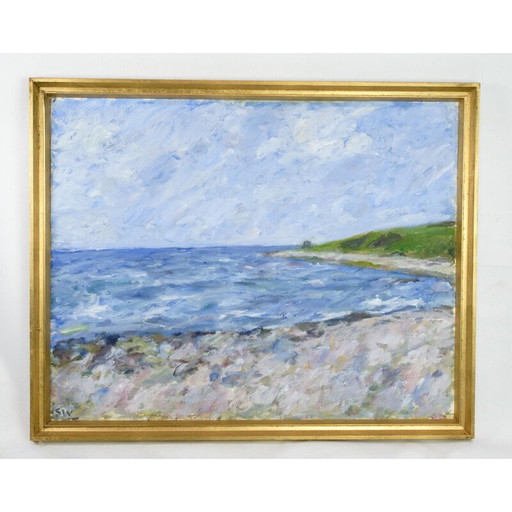 Peinture à l'huile vintage sur toile avec motif de plage et de mer par Sixten Wiklund, 1950