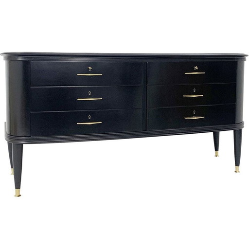 Commode du milieu du siècle laquée noir avec dessus en verre, Italie années 1950
