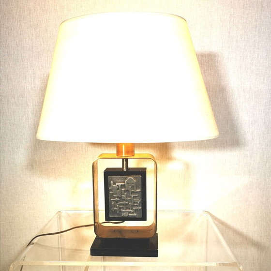Image 1 of Support de lampe vintage en métal et bois laqué noir avec design abstrait, 1970