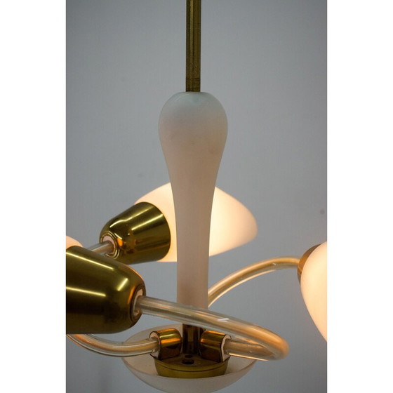 Image 1 of Lustre vintage en verre et laiton avec 3 flammes, Tchécoslovaquie 1950