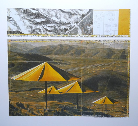 Image 1 of Christo -The Yellow Umbrellas Us - Lithographie offset couleur + Échantillon de poussière original