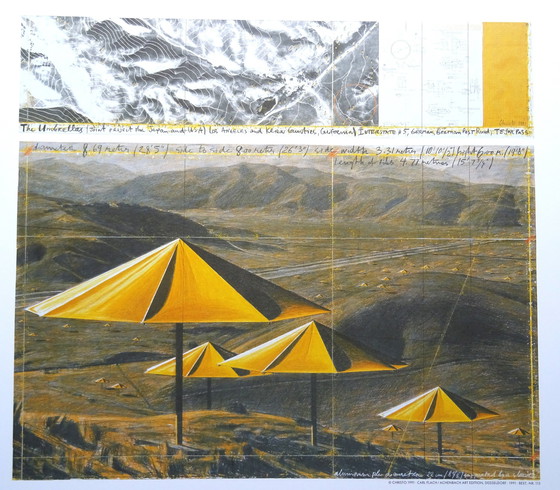 Image 1 of Christo -The Yellow Umbrellas Us - Lithographie offset couleur + Échantillon de poussière original