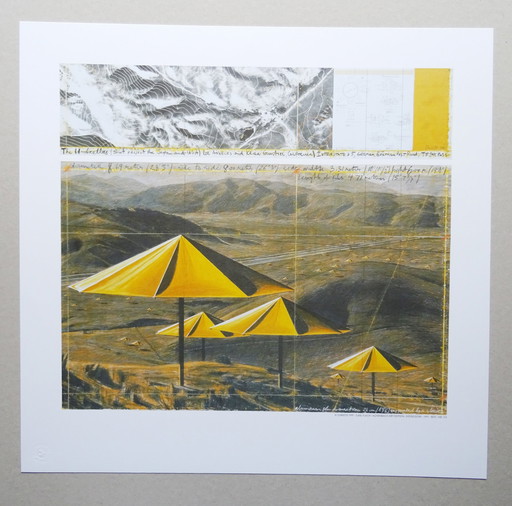 Christo -The Yellow Umbrellas Us - Lithographie offset couleur + Échantillon de poussière original