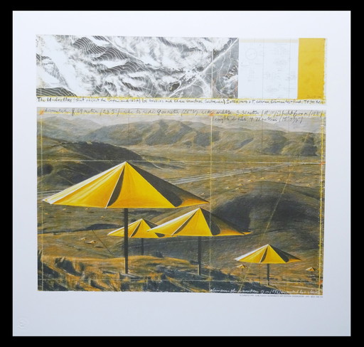 Christo -The Yellow Umbrellas Us - Lithographie offset couleur + Échantillon de poussière original