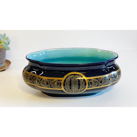 Image 1 of Jardinière vintage en céramique émaillée bleue, France