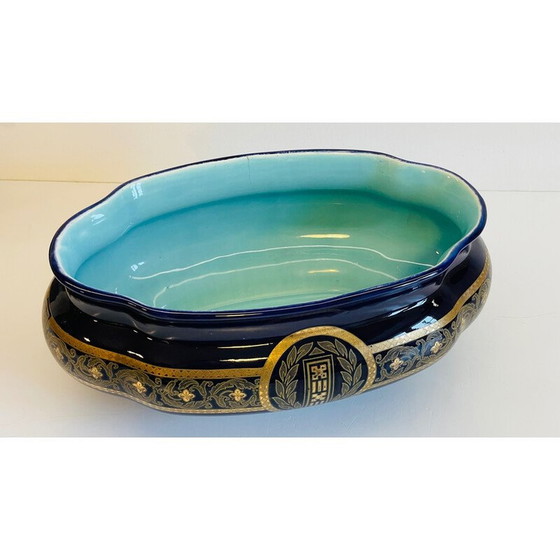 Image 1 of Jardinière vintage en céramique émaillée bleue, France