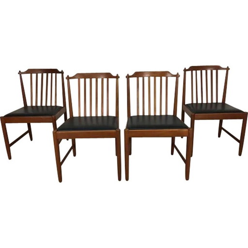 Ensemble de 4 chaises scandinaves vintage en teck et similicuir noir, années 1960