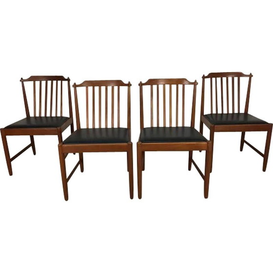Image 1 of Ensemble de 4 chaises scandinaves vintage en teck et similicuir noir, années 1960