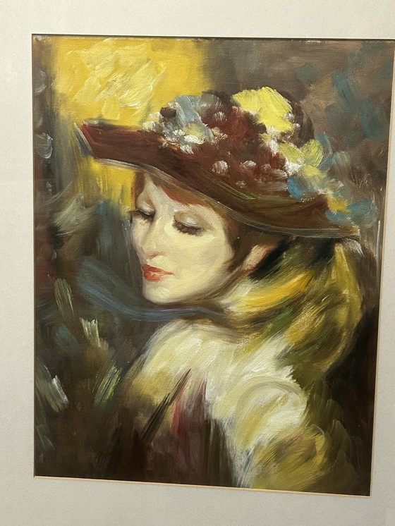 Image 1 of Belle peinture originale d'une jolie femme au chapeau