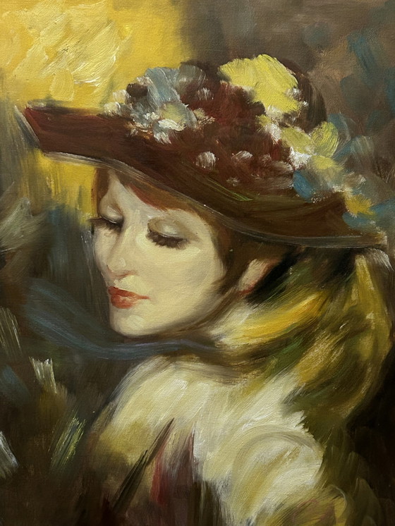 Image 1 of Belle peinture originale d'une jolie femme au chapeau