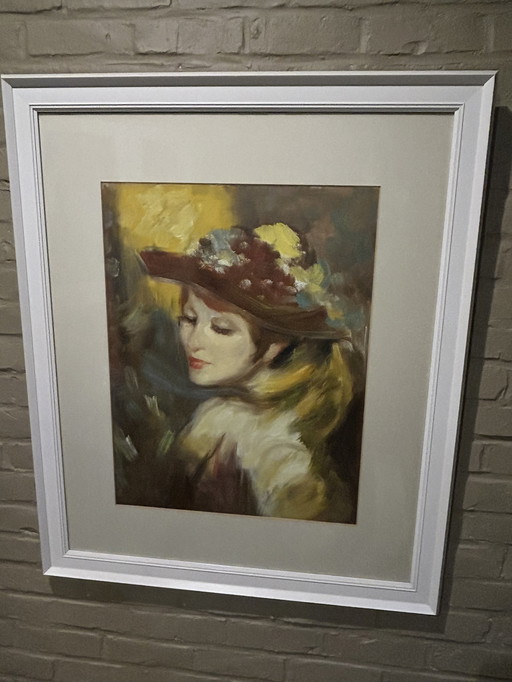 Belle peinture originale d'une jolie femme au chapeau