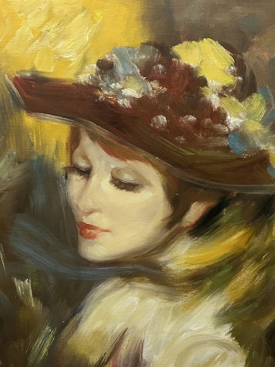 Image 1 of Belle peinture originale d'une jolie femme au chapeau