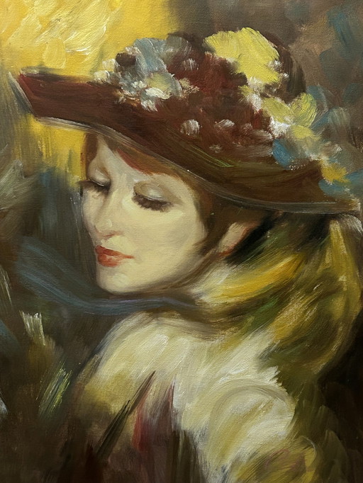 Belle peinture originale d'une jolie femme au chapeau