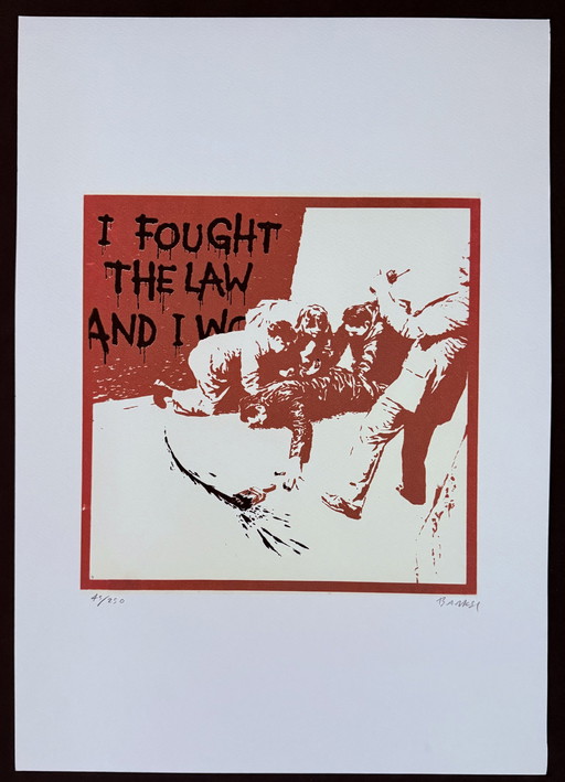 Banksy : Lithographie signée, numérotée 55/250, "I Fought The Law And I Won" (Je me suis battu contre la loi et j'ai gagné)