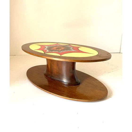 Image 1 of Table basse ovale vintage en noyer massif courbé, Italie 1960