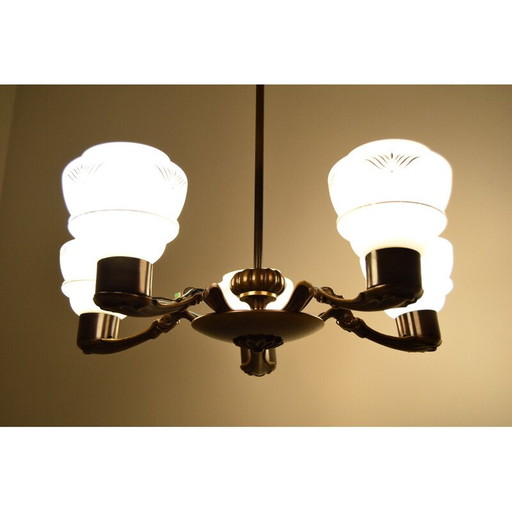 Lustre Art déco vintage en verre et cuivre, Allemagne années 1930