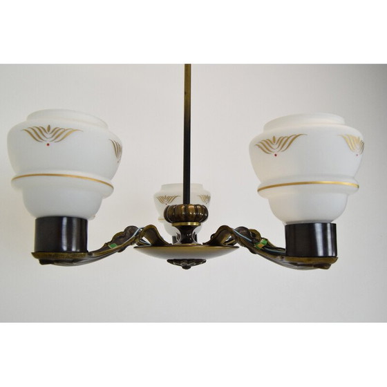 Image 1 of Lustre Art déco vintage en verre et cuivre, Allemagne années 1930