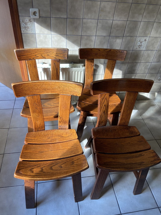 Image 1 of 4x Brutalist Solid Oak Chairs Chaises de salle à manger
